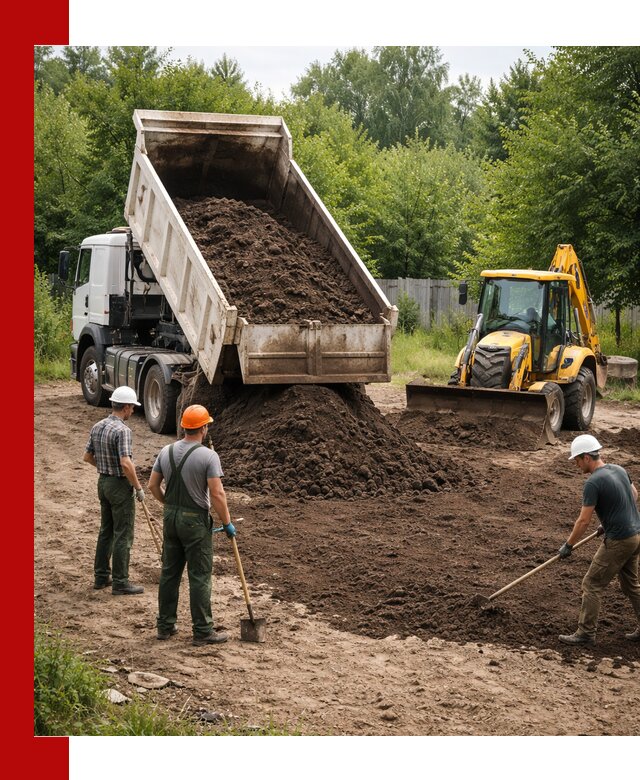 Доставка и укладка грунта для выравнивания участка в Конаково